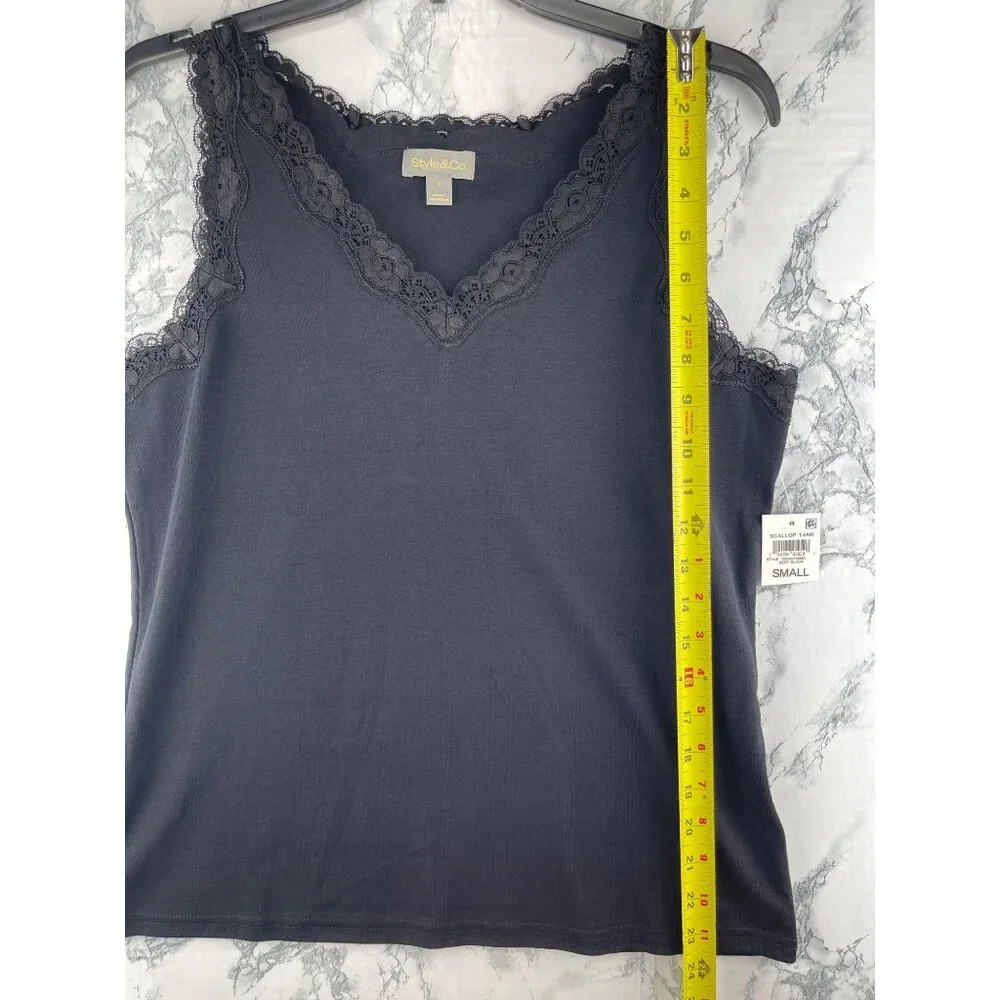 Style & Co. Womens Small Scallop Lace Trim Tank Top Deep Black - Picture 3 of 9